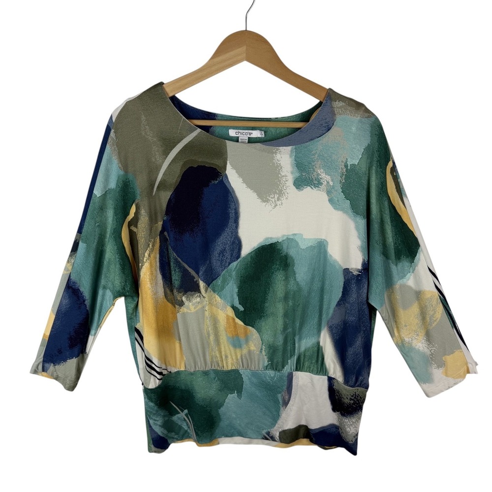 Chicos Abstract Watercolor Banded Hem Top Size 2 Large Soft Stretch Artsy Boho